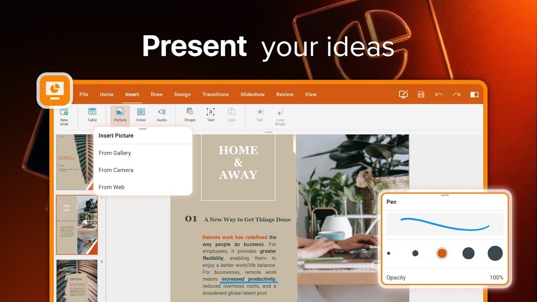 WPS प्रेज़ेंटेशन insert-picture tools on a branded orange ribbon