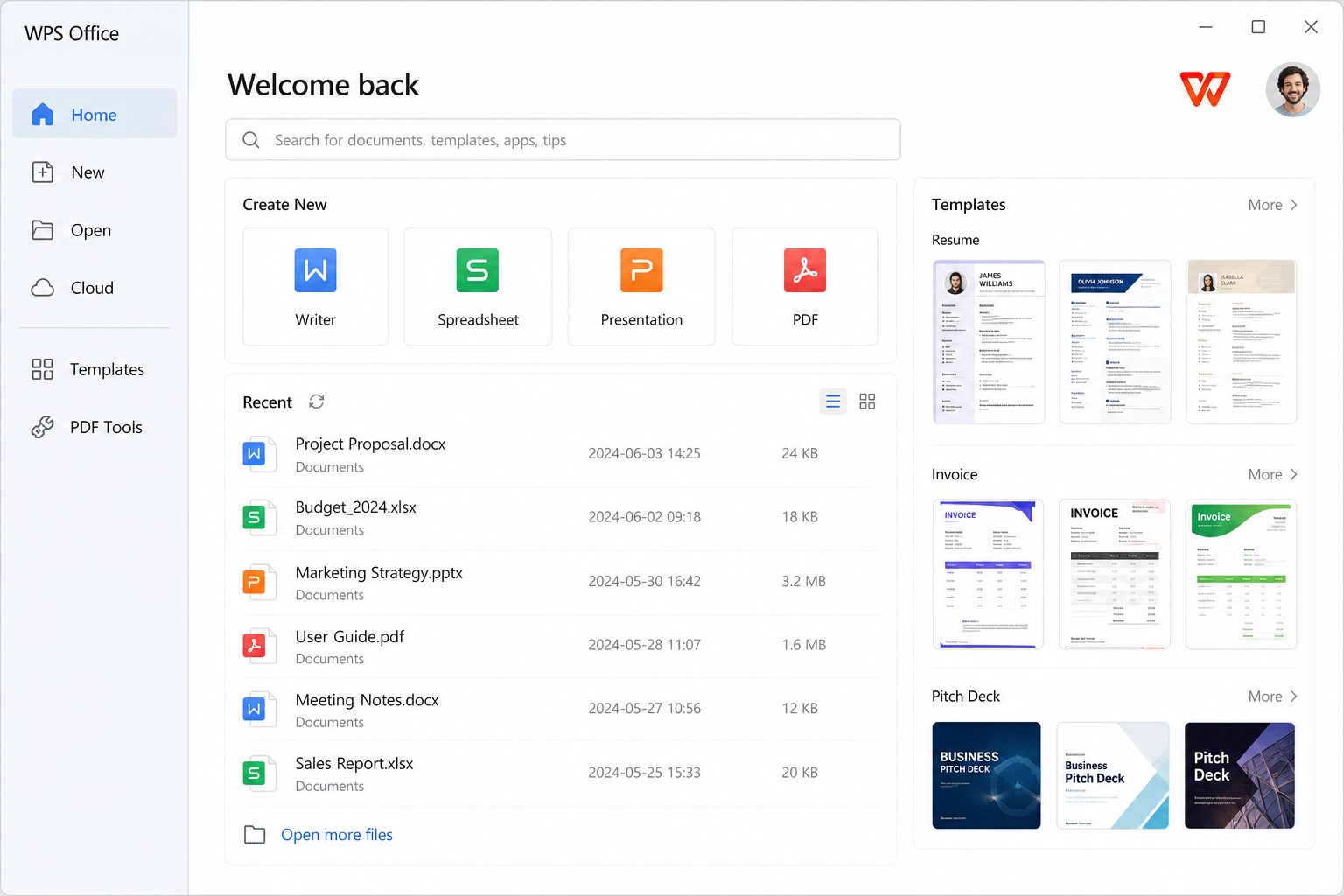 WPS Office desktop home screen with Writer, स्प्रेडशीट, प्रेज़ेंटेशन and PDF shortcuts